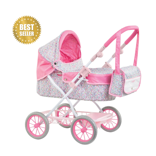 Pink and gray baby stroller with canopy on a white background, labeled as a bestseller.