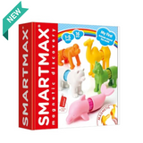 SmartMax magnetic building set packaging with colorful animal figures on a white background