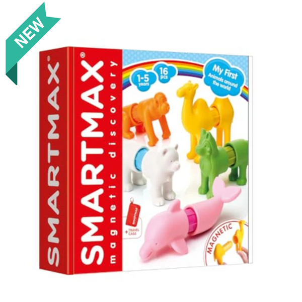 SmartMax magnetic building set packaging with colorful animal figures on a white background