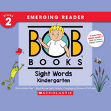 Front cover of the Scholastic Bob Books Stage 2 Emerging Reader book, 'Sight Words Kindergarten,' on a light periwinkle background with illustrated characters and the Scholastic logo.