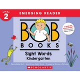 Front cover of the Scholastic Bob Books Stage 2 Emerging Reader book, 'Sight Words Kindergarten'. The cover features a light purple background with a red header, a cartoon boy in the center, and illustrations of a green frog, a red butterfly, a bee, and cattails.