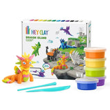 Hey Clay Dragon Island playset with colorful clay containers and tools on a white background