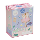 A pink and lavender wooden toy puzzle box with a fairy-shaped puzzle piece and whimsical illustrations, shown on a plain white background.