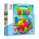 Smart Games Tiptoe Dino preschool puzzle game box, featuring colorful dinosaur figures and a bright blue box design with the product title 'tiptoe DINO' on the front.