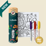 Hey Doodle product packaging with markers and coloring book on a beige background