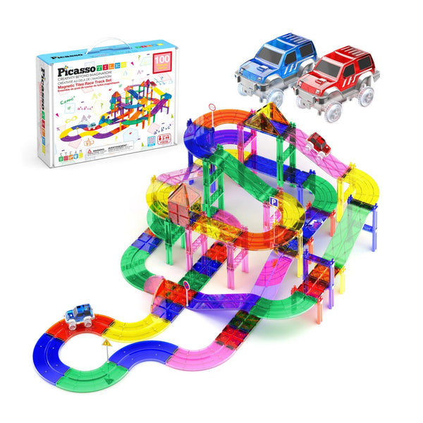Colorful toy marble race track set with cars and packaging on a white background