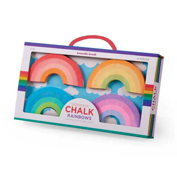 Box of rainbow-colored chalk with a handle on a white background